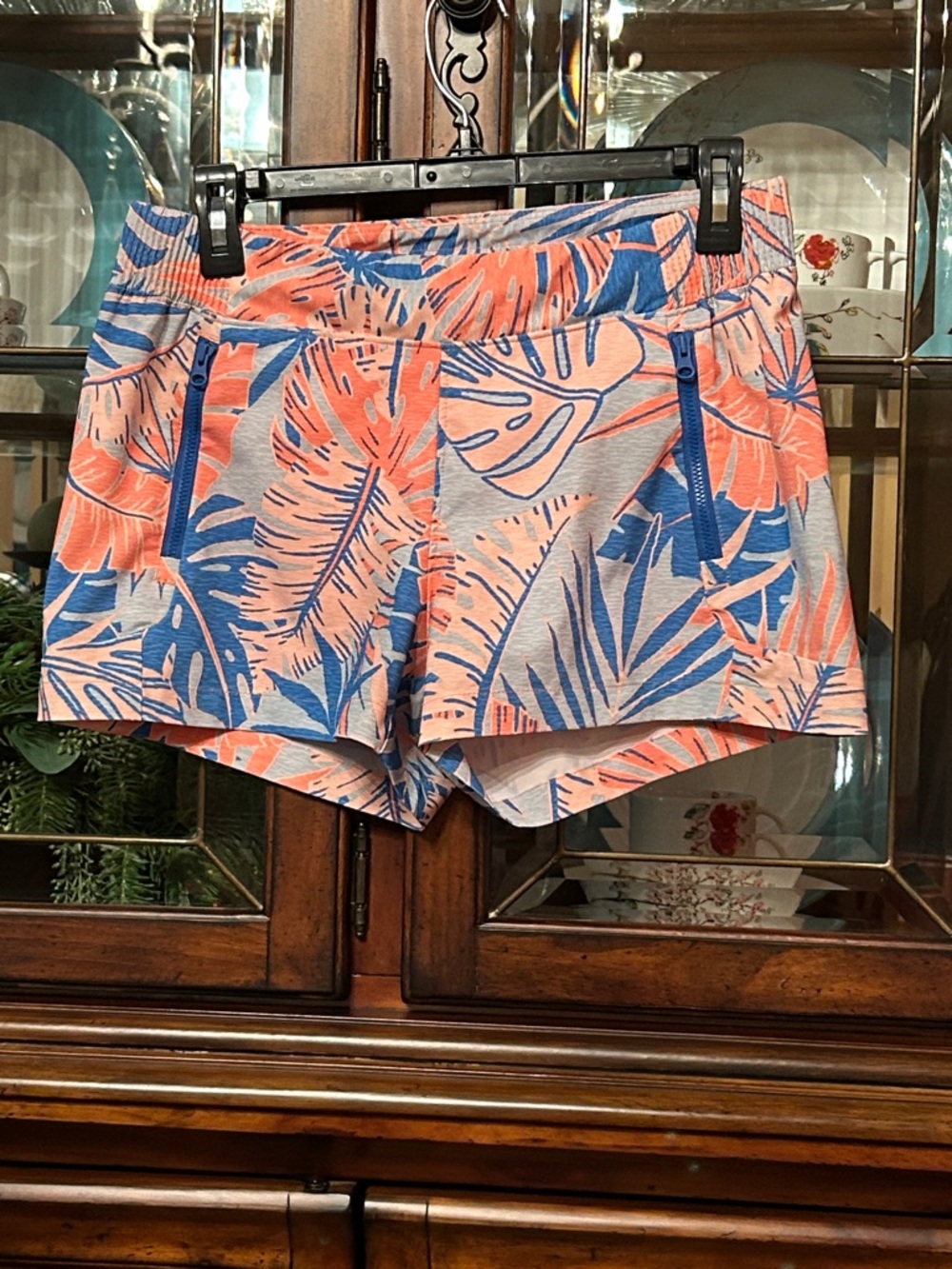 Women’s Tropical Coral & Blue Athletic Shorts with Zip Pockets